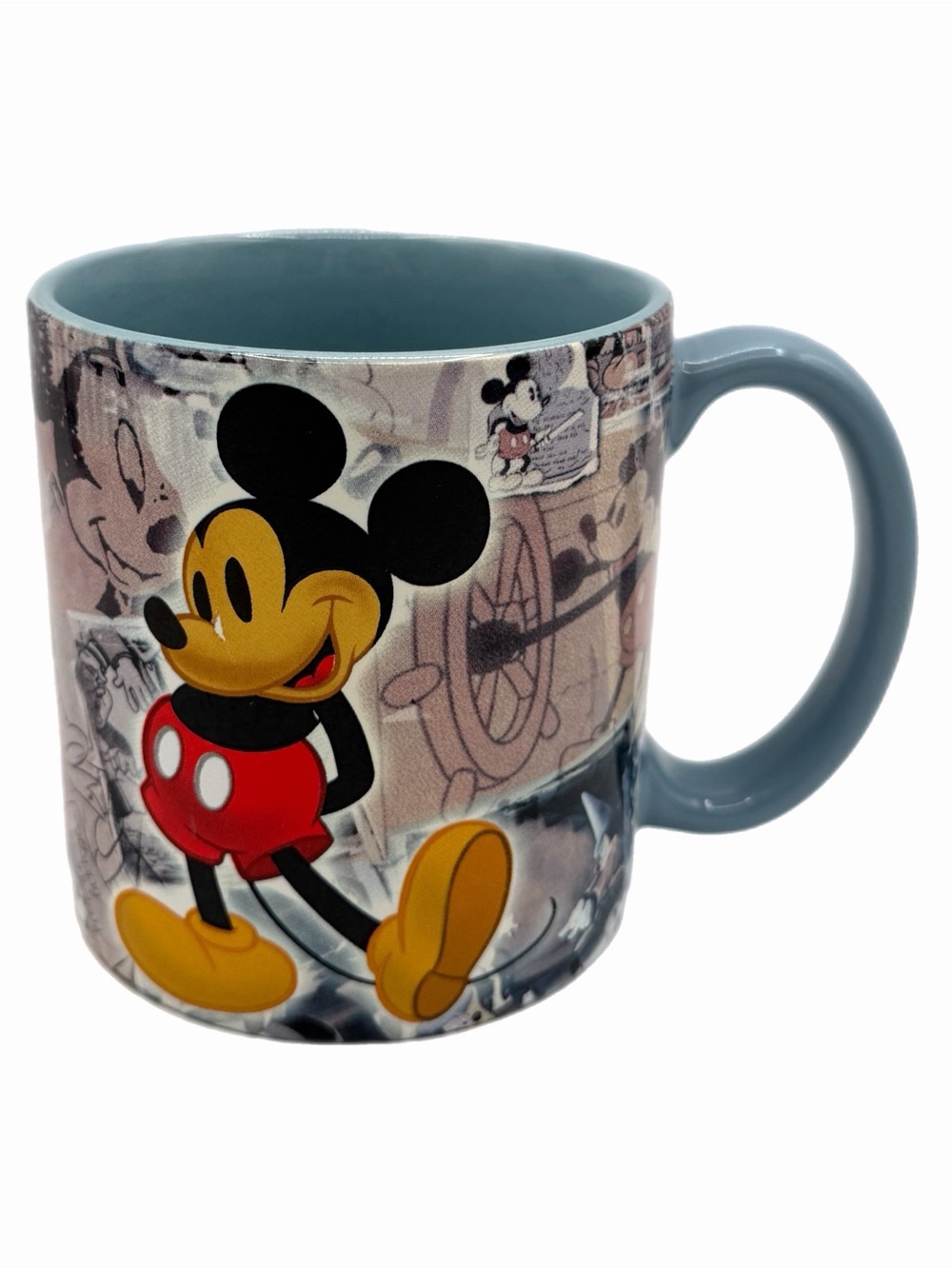 Disney Store Steamboat Willie Mickey Mouse Vintage Collage Blue Ceramic Coffee M